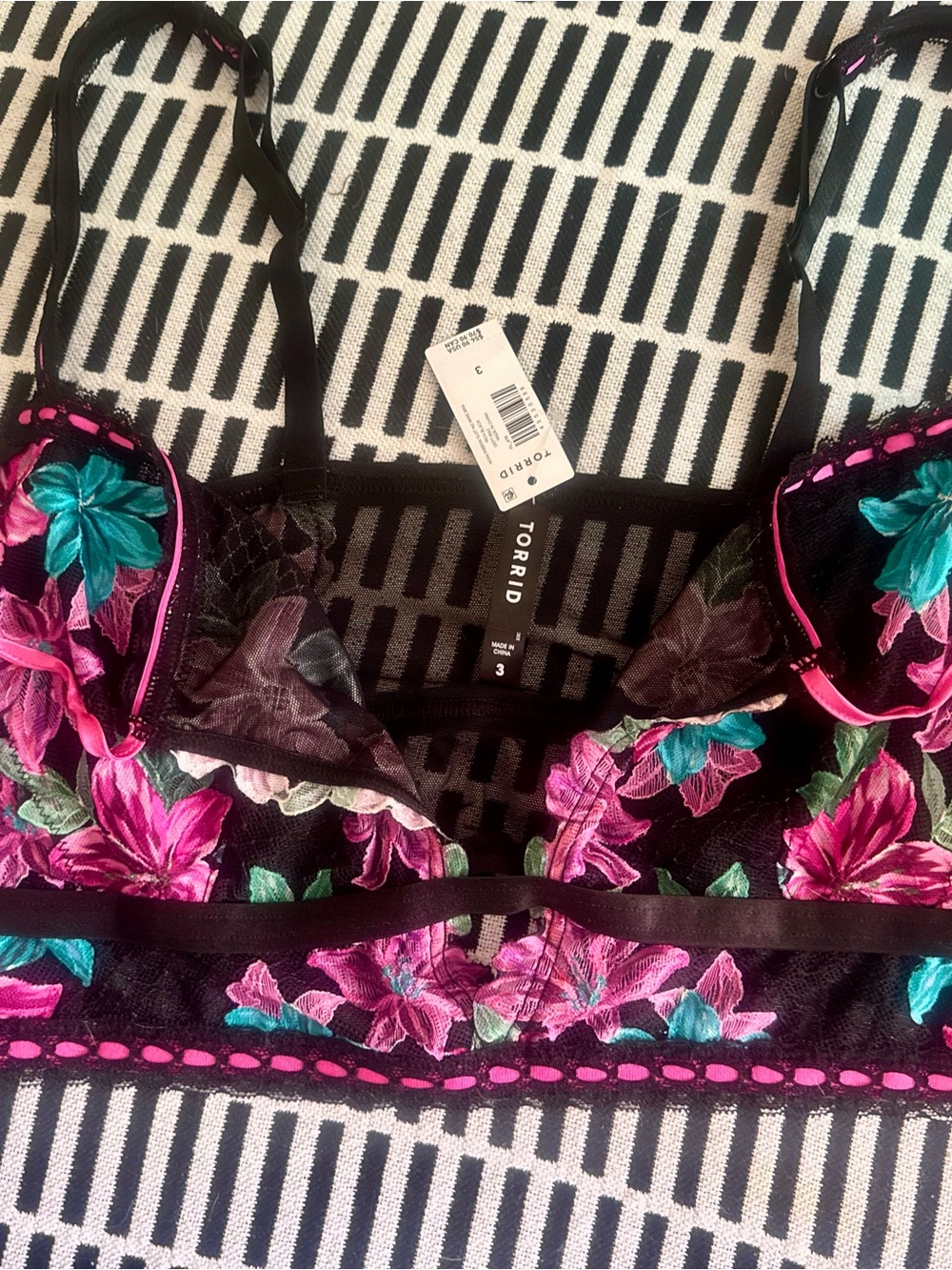 Torrid Black Lace Bralette with Pink & Teal Floral Embroidery - Picture 2 of 3